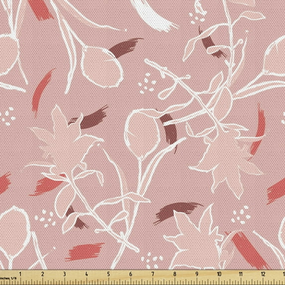 Floral Upholstery Fabric by the Yard, Romantic Tones in Spring Garden Hand Sketch Rose Brushstrokes, Decorative Fabric for DIY and Home Accents, Blush Burgundy by Ambesonne