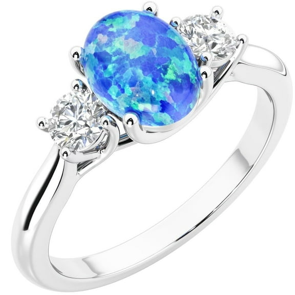 Blue Opal and Lab Grown Diamond 3-Stone Trellis Ring 14K Gold 1.30 Carats Oval