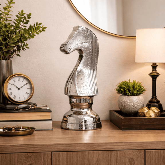 Expobazaar Decorative Chess Horse Sculpture | Hammered Nickel Finish | Elegant Table Accent | 5.5x5.5x14"