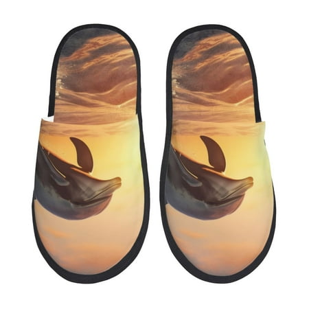 Balery Sunset Dancing Dolphin A Slient Indoor Furry Fleece Comfort House Shoes Soft Non-Slip Home Shoes Cotton slippers House Slippers-- Large