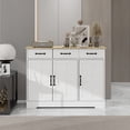 thumbnail image 2 of Gzxs White Sideboard with Natural Wood Countertop, Modern Kitchen Storage Cabinet, Coffee Bar Cabinet with 3 Drawers, 3 Doors and Adjustable Shelf, 42.72"L x 15.35"W x 32.09"H, White, 2 of 8
