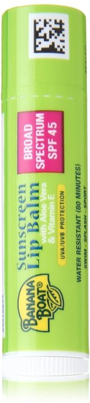 Banana Boat Sunscreen Lip Balm with Aloe Vera and Vitamin E SPF 45, 0.15 oz (Pack of 2)