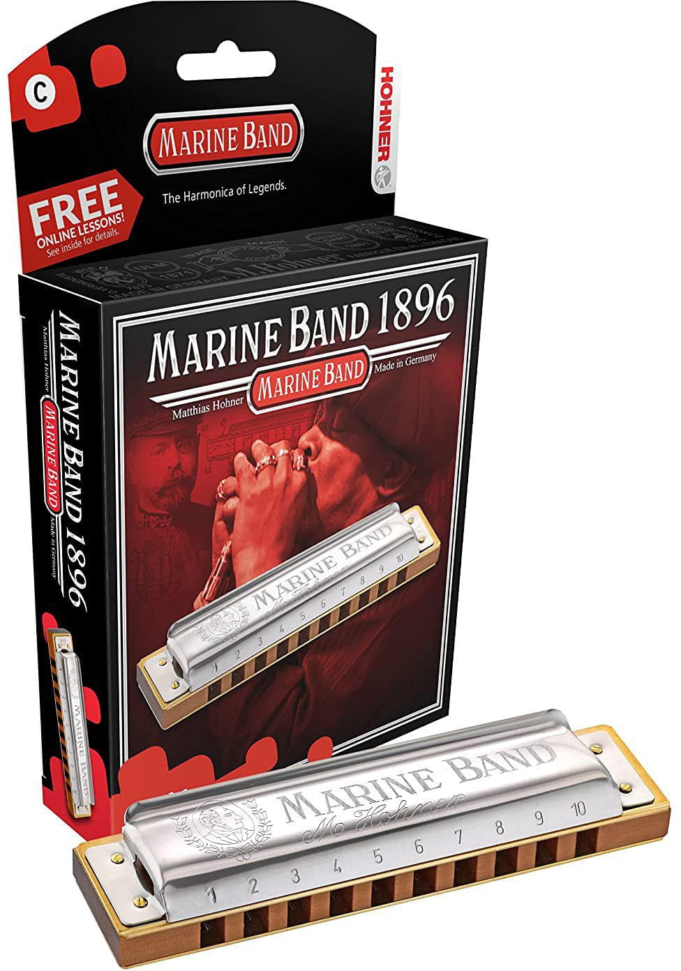 Hohner Marine Band 1896 Harmonica - Key of A Bundle with Case, Pouch, Austin Bazaar Online Manual, and Polishing Cloth