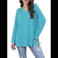thumbnail image 3 of Blusas de Mujer de Larga con Cuello en V, Túnicas Casuales, Camisas Básicas, Blusas Holgadas Azul M, 3 of 7