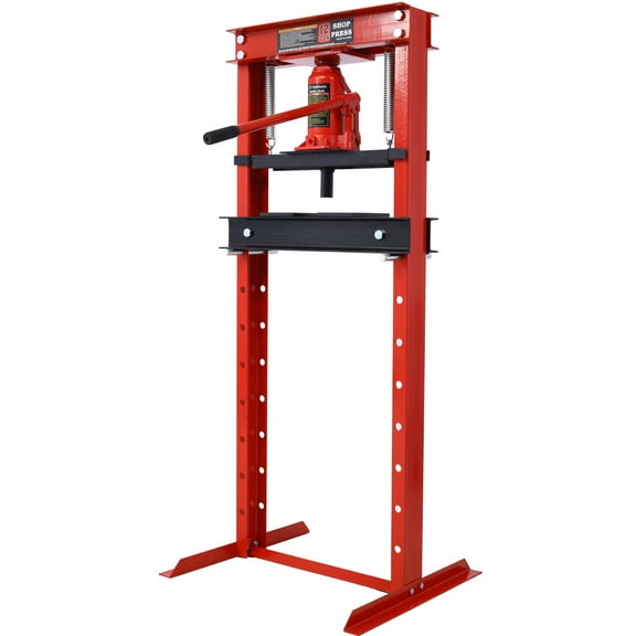 Aukfa 12 -Ton Hydraulic Shop Press with Press Plates, H-Frame Garage Floor Press, Red