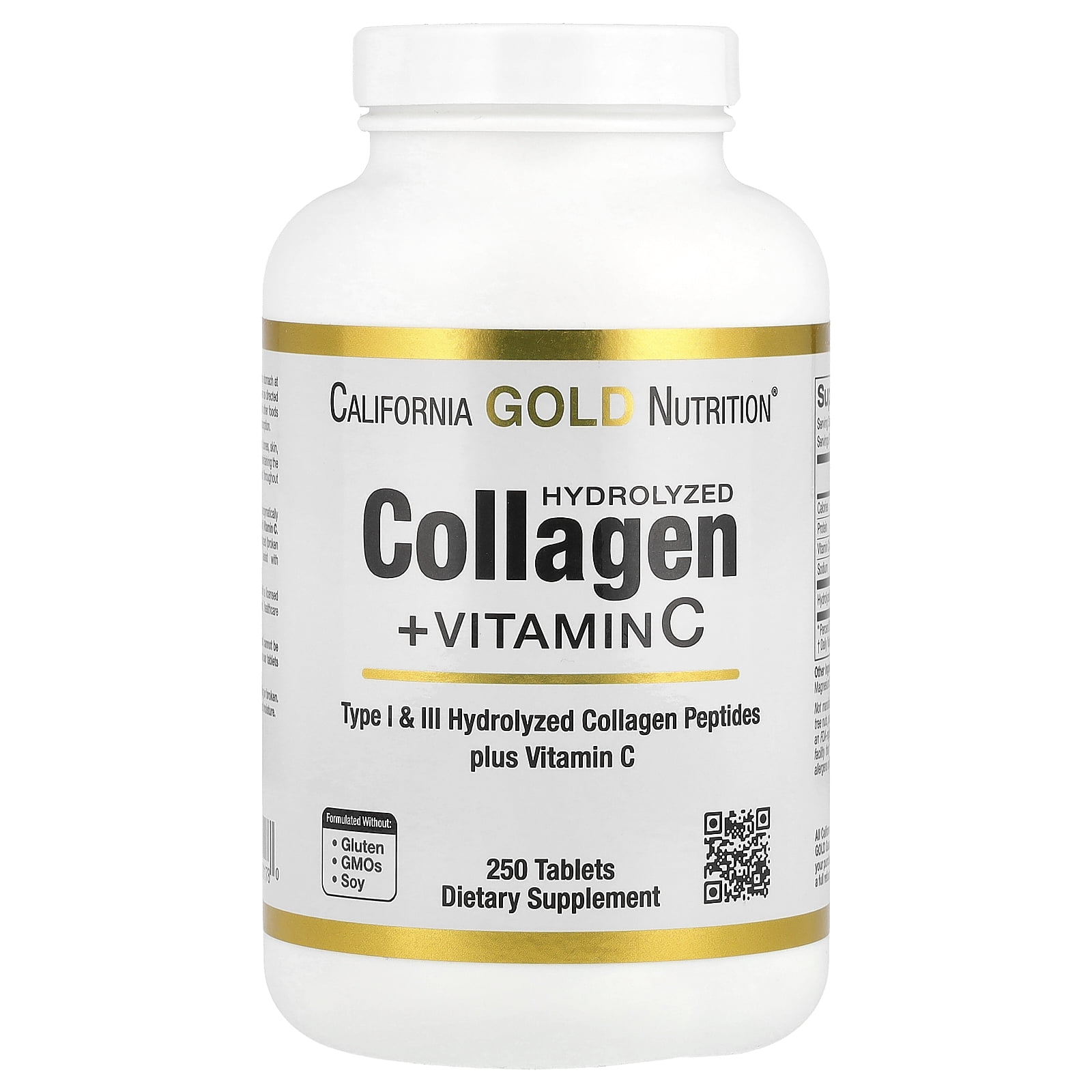 California Gold Nutrition Hydrolyzed Collagen Peptides + Vitamin C, Type I & III, 250 Tablets