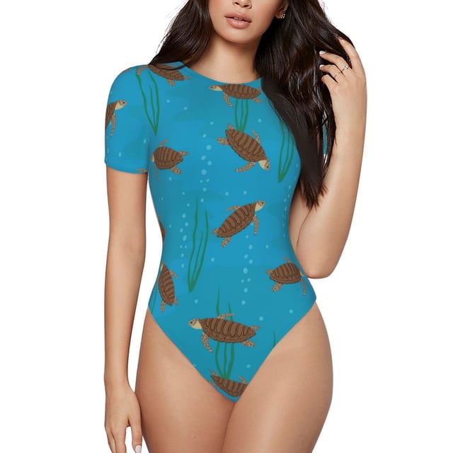 Fotbe Sea Turtle Body de Mujer con Cuello Redondo y Mangas Cortas, Sin Mangas Ajustado, Suave, Cómodo y Básico-Small