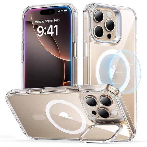 for iPhone 16 Pro Max Case, Compatible with MagSafe, Military-Grade Protective Case, Built-in Stash Stand Phone Case, Scratch-Resistant Back Cover, Classic Series, Clear