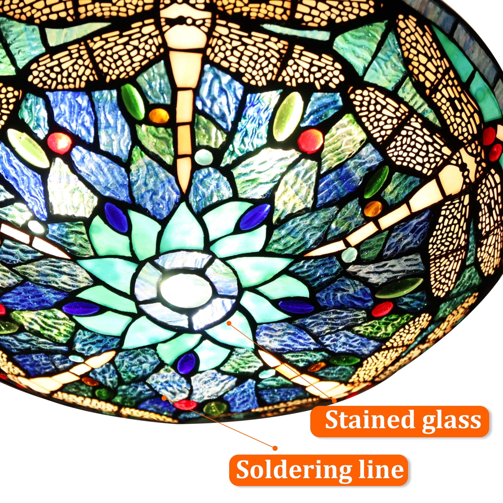 Tiffany Ceiling Light Fixtures Flush Mount 3-Light, 16” Wide Dragonfly Stained Glass Lampshade Ceiling Lamp