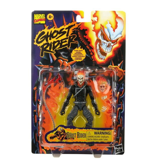 origine marvel legends series retro ghost rider modelo luminoso de skull flame motocicleta 6 pulgadas figura de acción coleccionable en blíster; figura de 6 pulgadas con calavera en llamas de apariencia luminosa, chaqueta negra estilo motociclista, accesorios de llamas y cadena visibles, primera edición en empaque de venta al por menor; también suele usarse como pieza de exhibición en vitrinas de coleccionistas.