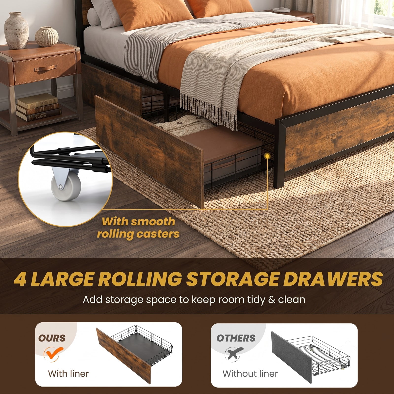 Furnibear Queen Size Bed Frame with Storage, LED Lights and 4 Drawers, Metal Platform Bed Frame with Charging Station and Headboard, Rustic Brown