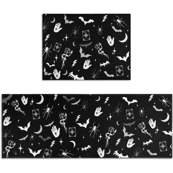 Gothic Kitchen Rug Set of 2, Goth Rug, Witch Rug, Black Halloween Spooky Kitchen Mat, Runner Rugs, Carpet- Gothic Kitchen Decor Accessories- Witchy Rugs for Home Kitchen Large- 17x24 and 17x48 Inch