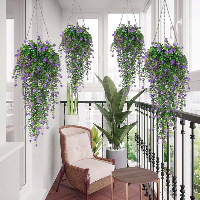 Enredaderas Artificiales de Flores Colgantes - Paquete de 4 Clorofitos de Plástico, Flores Falsas para Exteriores, Follaje Falso Realista en Maceta, Plantas Colgantes para Decoración del Hogar