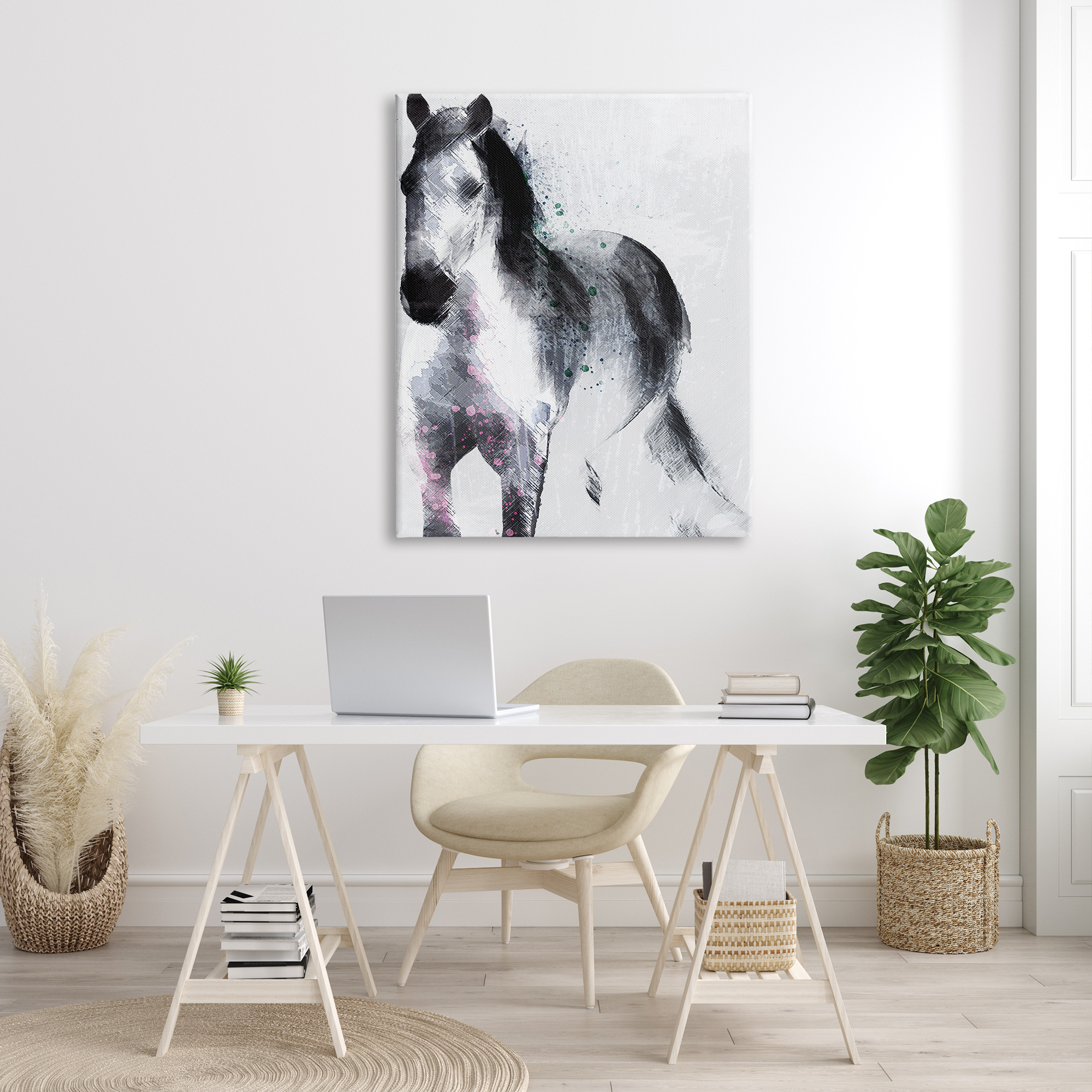 Stupell Industries Distressed Patch Line Wild Horse Portrait Black Pink, 36 x 48, Designed by Jennifer Ellory