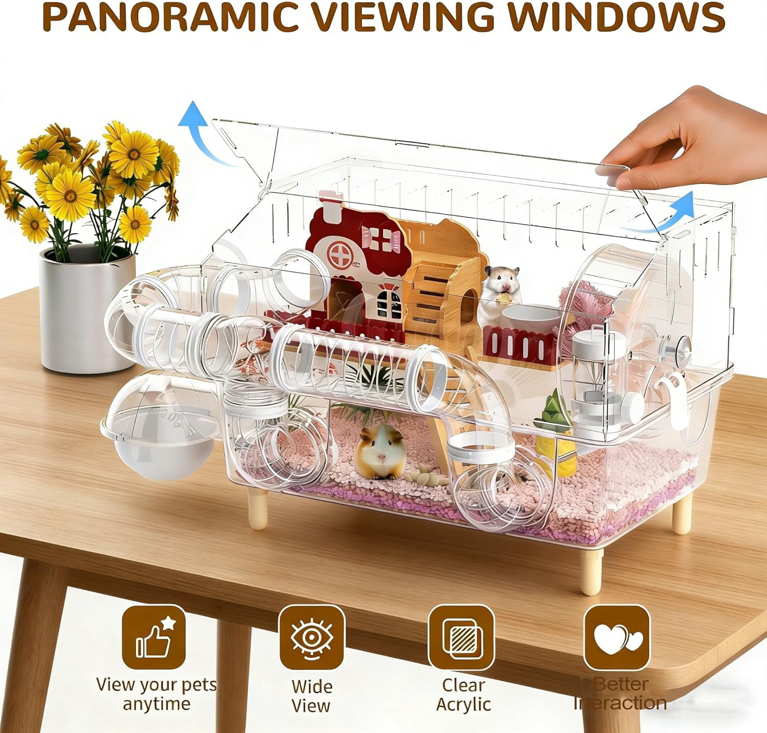 Acrylic Hamster Cage,8 in 1 Gerbil Cage with 360° Panoramic View,Top Open Mouse Cage with Tubes for Pet Mice,Dwarf Hamster,Gerbils (17.7"x13"x11.8")