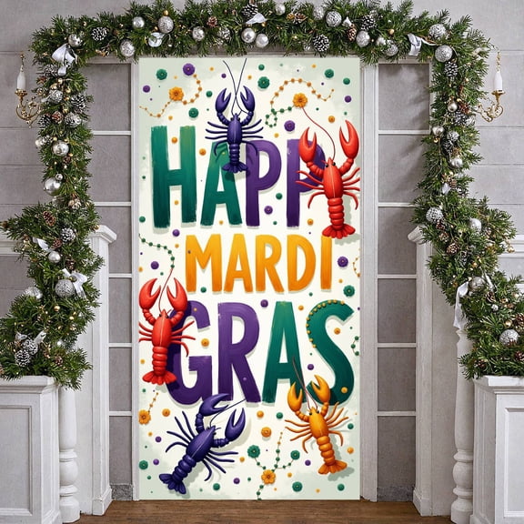 Colorful Crawfish Mardi Gras Banner Vibrant Beads Crawfish Display Floral Accents Festive Design Mardi Gras Backdrop for Mardi Gras Celebration Carnival Party Festival Decoration