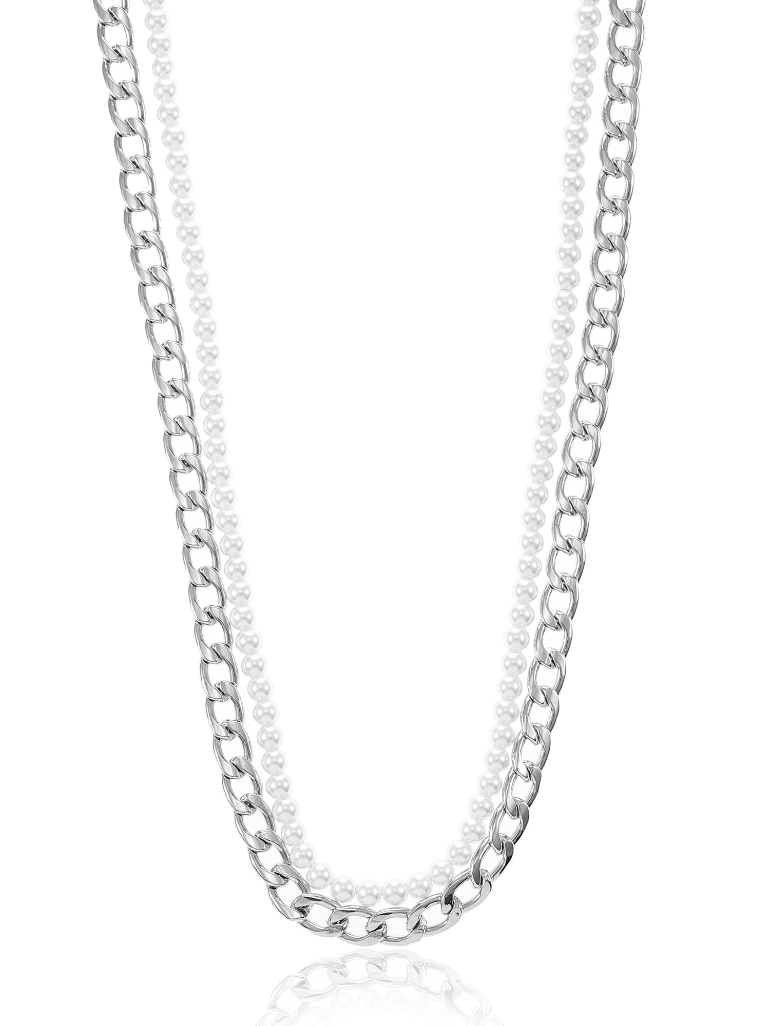 No Boundaries Men's Glass Pearl Necklace, White and Silver, 1 Pack
