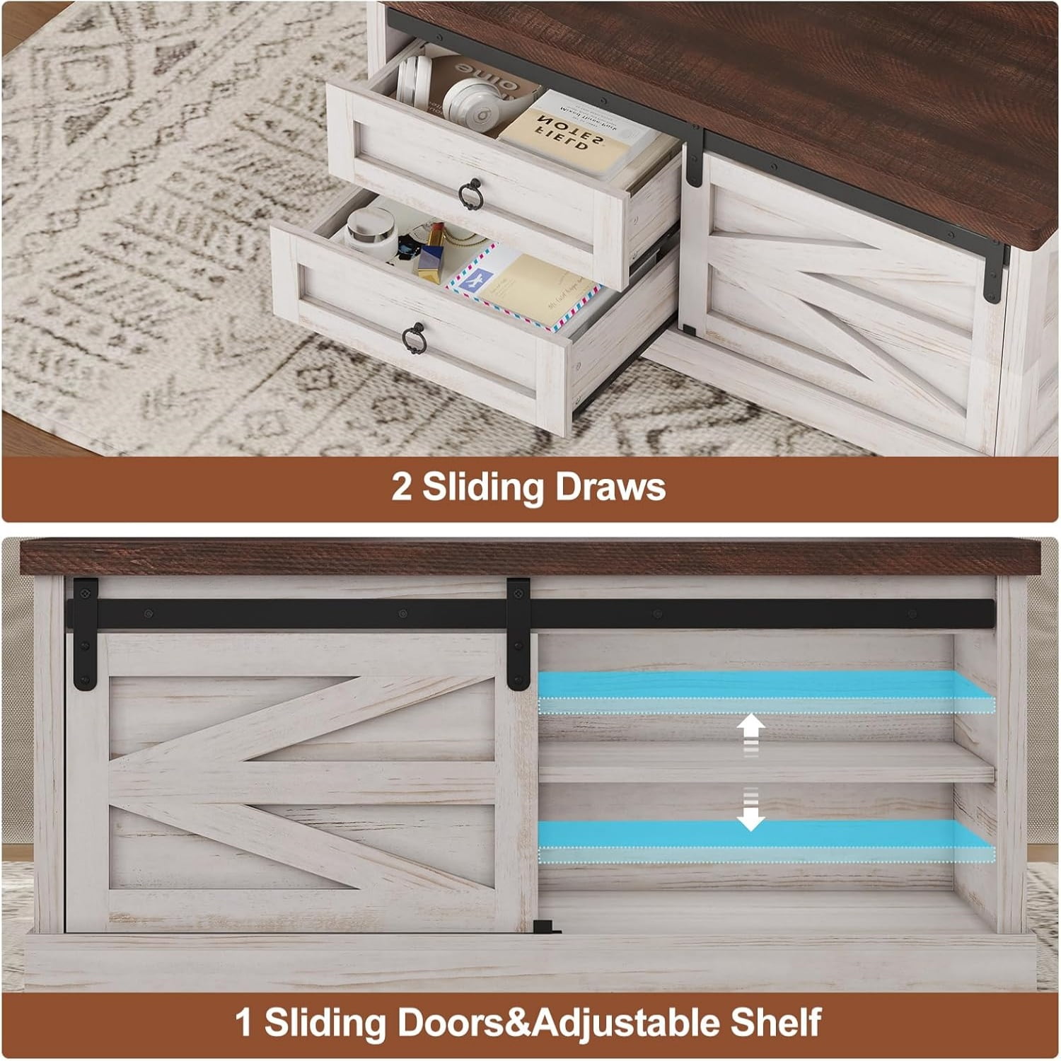 39.4" Lift-Top Coffee Table with Storage, Farmhouse Square Coffee Table with Drawers, Sliding Door and Hidden Storage Compartment, Center Table Gaming Station or Workspacefor Living Room, White