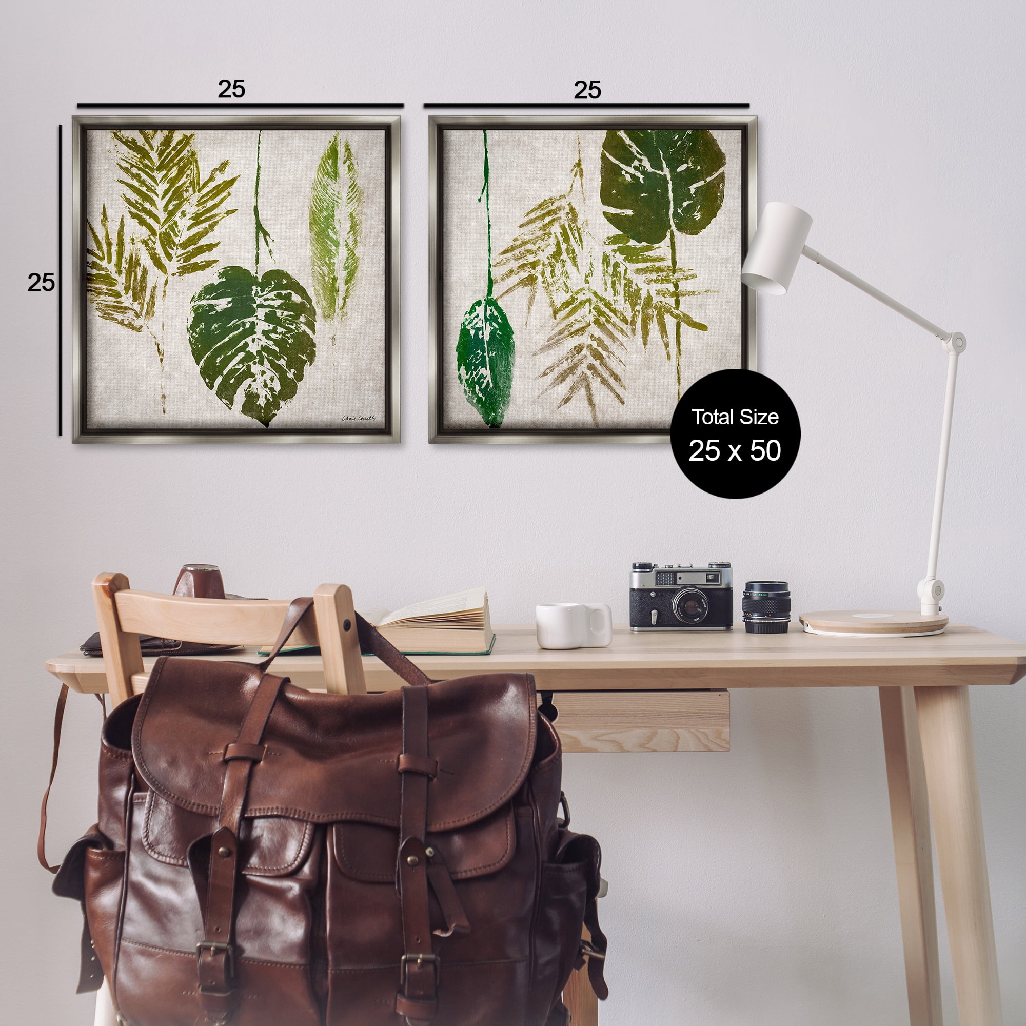 Stupell Industries Monstera Stamped Palm Leaves Plants & Flowers Painting Gray Floater Framed Canvas Art Print Wall Art, 25 x 25, Set of 2