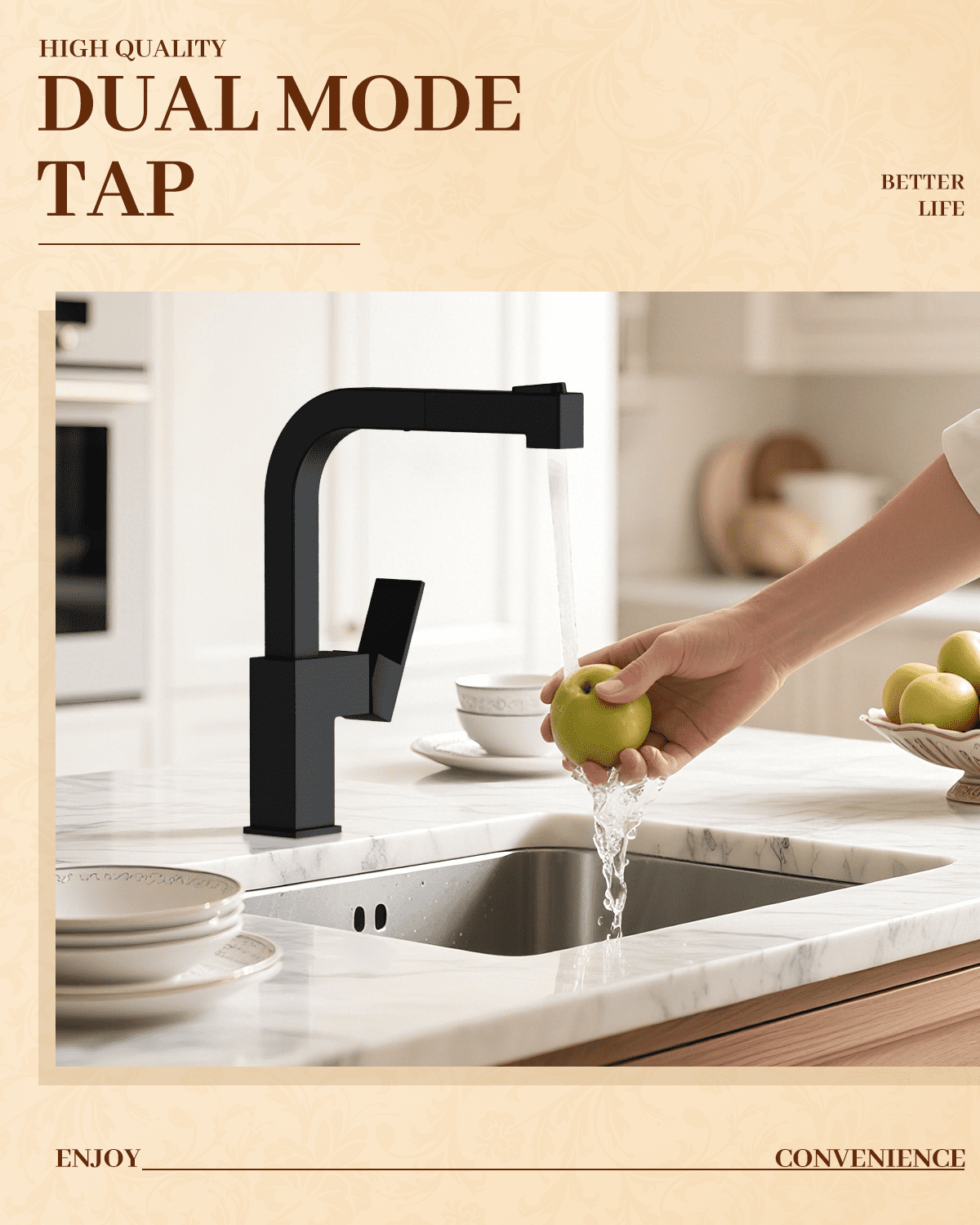 APPASO Square Kitchen Faucet Black, S304 Stainless Steel Modern Sink Faucets with Pull Out Sprayer 2 Modes