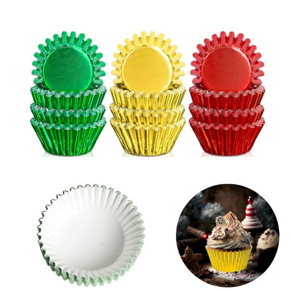 Christmas Foil Cupcake Liners,300Pack Baking Cups Muffin Liners,QZS Durable Foil Metallic Baking Cups for Christmas Party,Weddings,Golden Red Green