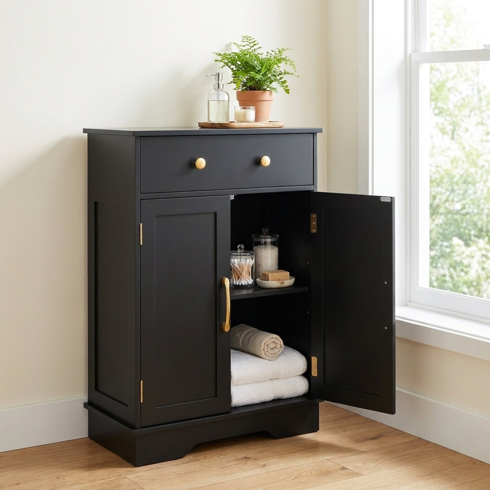 Vebreda Freestanding Floor Storage Cabinet with 2 Doors, Drawer & Adjustable Shelf, Modern Buffet Sideboard Organizer with Gold Knobs for Bathroom Living Room Dining Room, Black