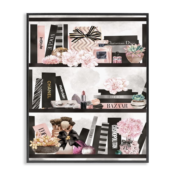 Stupell Industries Eclectic Fashion Bookshelf Glam Cosmetic Accessories and Books Black Framed Giclee Art, 11 x 14, by Ziwei Li