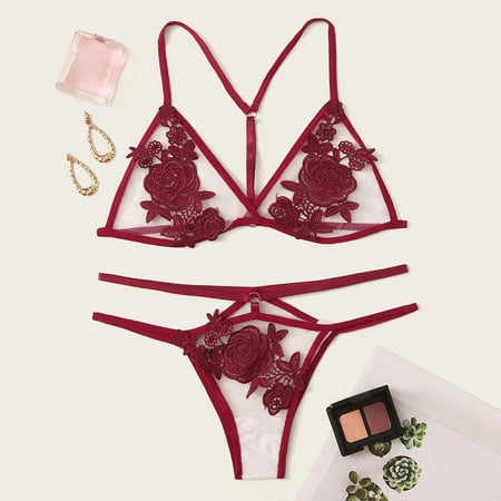 

DENGDENG Women Lingerie Set Sexy Hollow Out Bra and Panty Set Sexy Lace Floral Teddy Babydoll