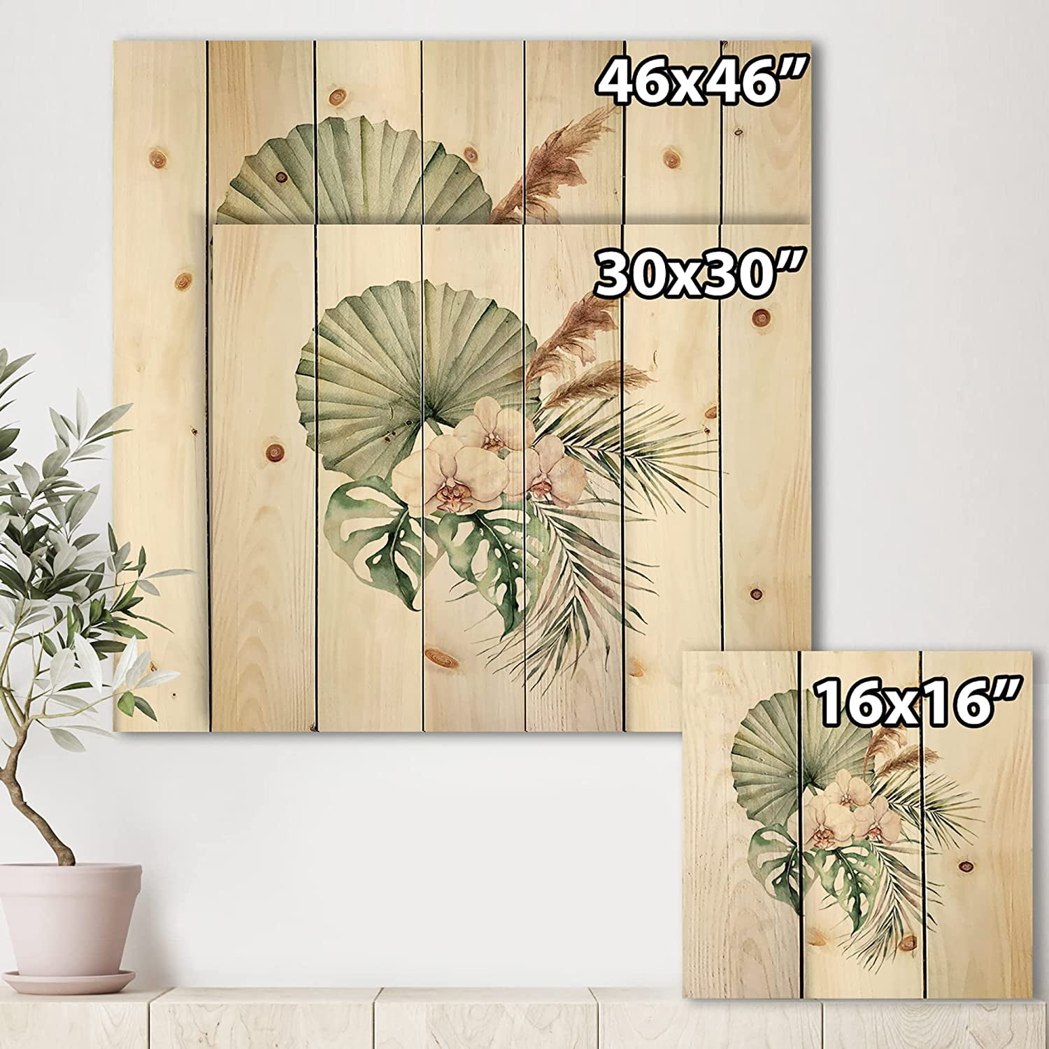 Designart 'Tropical Bouquet With Palm Orchids Leaves' Traditional Print on Natural Pine Wood