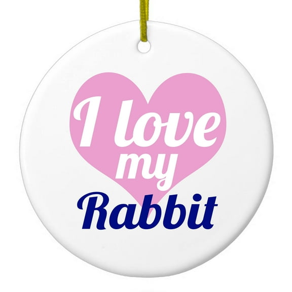 DistinctInk Hanging Ceramic Christmass Tree Ornament with Gold String - Great Gift / Present - 2 3/4 inch diameter - I Love My Rabbit