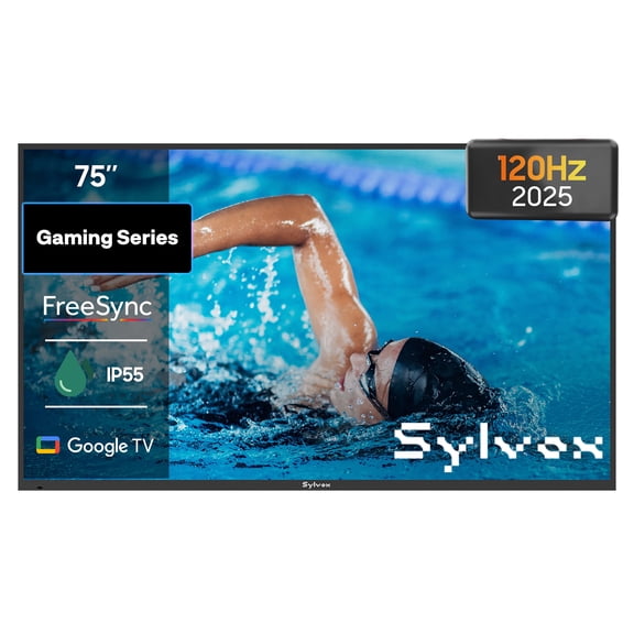 Sylvox 75 inch 120Hz Outdoor TVs,4K Smart Television 1000nits with Dobly Atmos, IP55 Waterproof , Google TV for Partial Sun Area，Gaming Serie