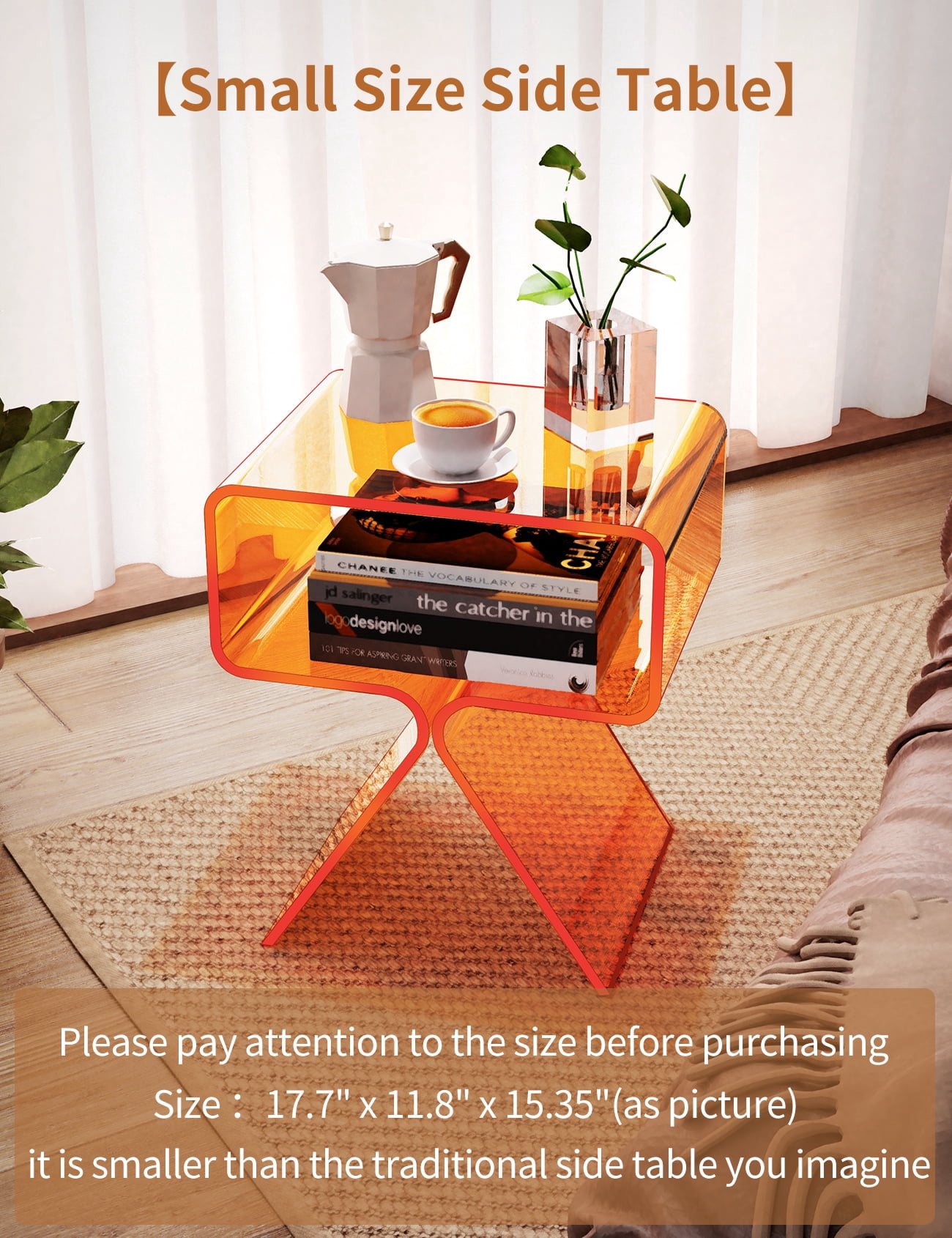 Solaround Acrylic Side Table Nightstand, 15.4''L x 11.8''W x 17.7''H, Orange