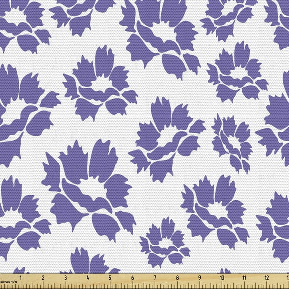 Floral Fabric by the Yard, Abstract Simple Peony Flowers in Monochrome Style on Plain Background, Decorative Upholstery Fabric for Sofas and Home Accents, Blue Violet and White by Ambesonne