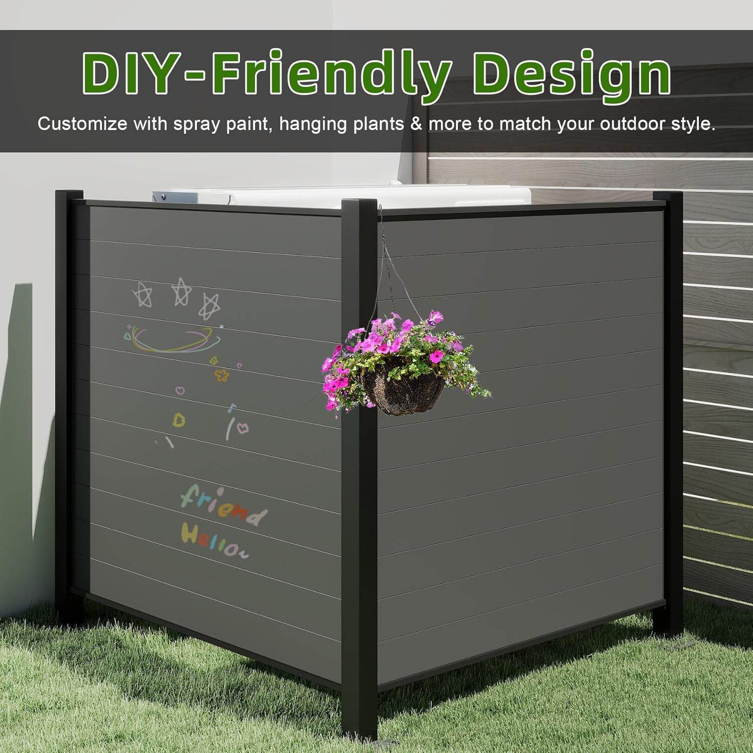 Privacy Fence Outdoor Privacy Screens, 50" W x 50" H Air Conditioner Fence, Trash Can Enclosure with Metal Stakes, Metal Decorative Fences for Garden Backyard Patio(2 Panels, Black),Fence Panels
