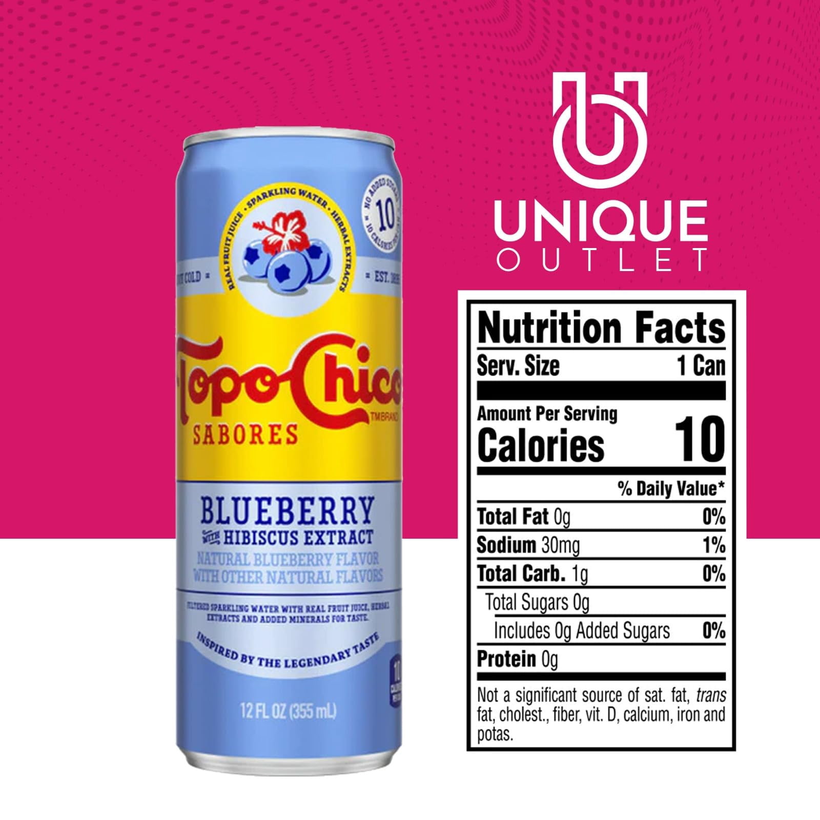 Topo Chico Sabores, Blueberry Hibiscus Sparkling Water, 12 Oz Can