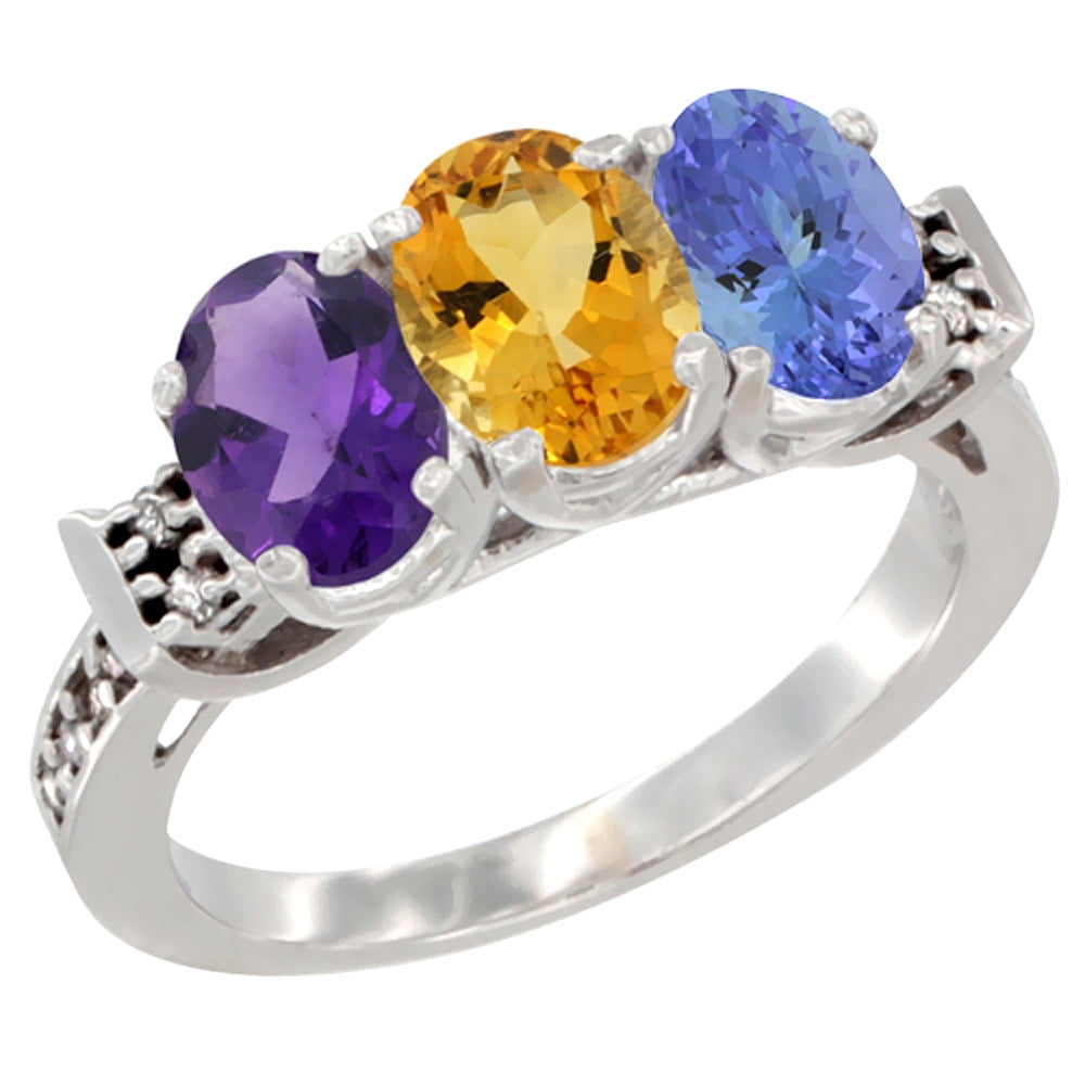 10K White Gold Natural Amethyst, Citrine & Tanzanite Ring 3-Stone Oval 7x5 mm Diamond Accent, sizes 5 10 by WorldJewels
