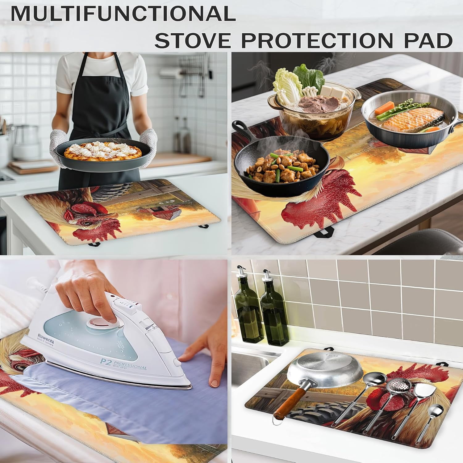 Rustic Rooster Glass Top Stove Cover Protector,Watercolor Farm Stove Top Covers for Electric Stove,Washable Heat Resistant Cooktop Mat Anti-Slip Range Covers, 28 x 20 Inch