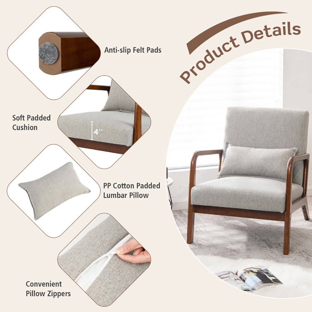 Finihen Accent Armchair, Modern Accent Chair with Rubber Wood Frame and Lumbar Pillow, for Living Room, Bedroom, Gray Finihen Accent Armchair, Modern Accent Chair with Rubber Wood Frame and Lumbar Pillow, for Living Room, Bedroom, Gray