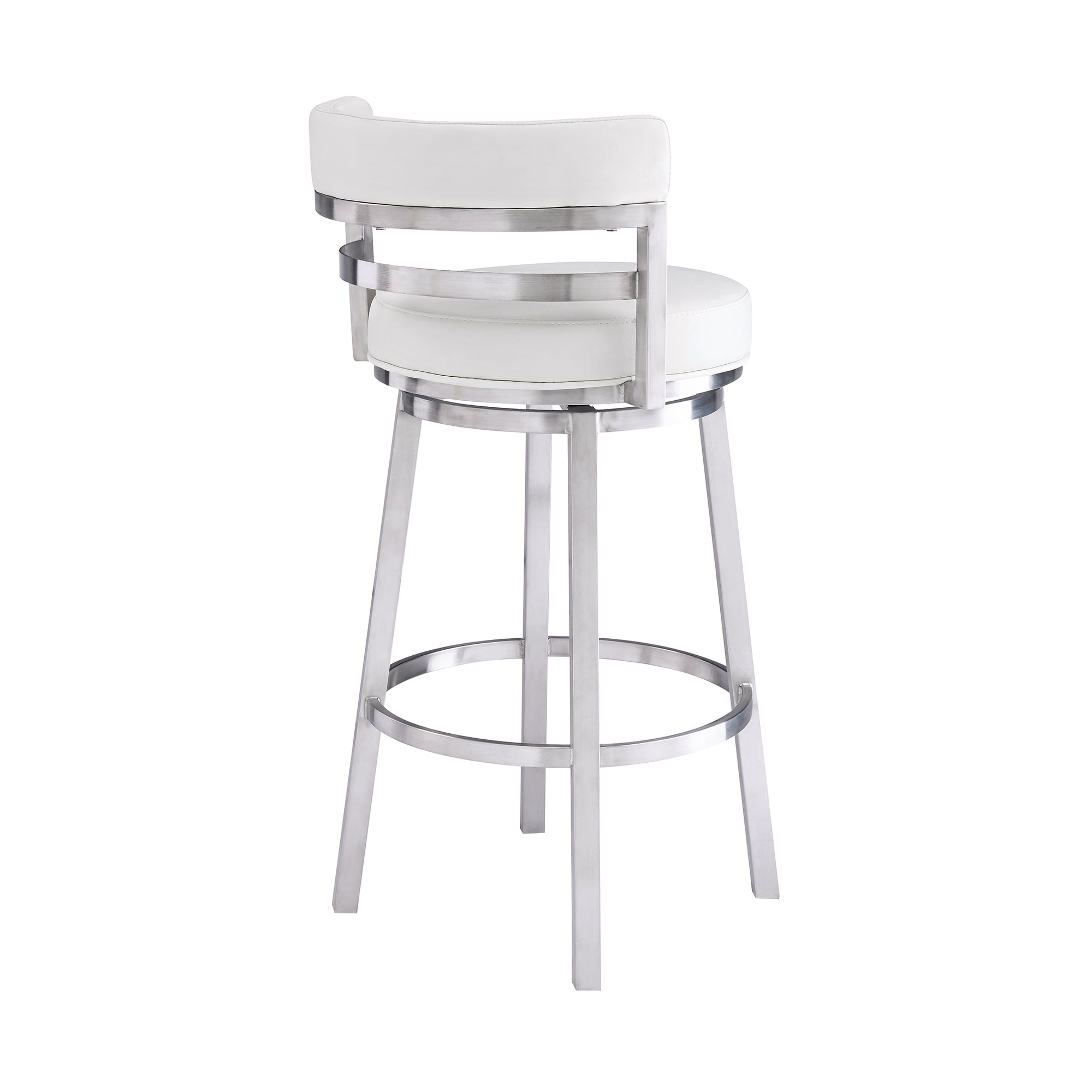 Armen Living Madrid 26" Seat Height Swivel White Faux Leather and Brushed Stainless Steel Bar Stool for Kitchen Island Counter, Set of 2