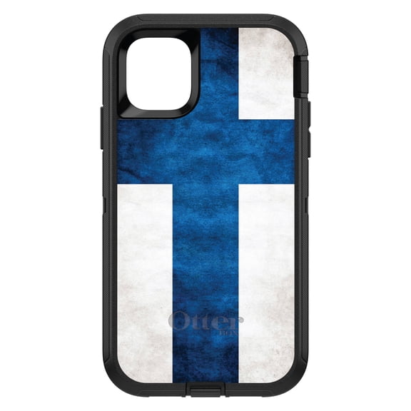 DistinctInk OtterBox Defender Custom Case for Apple iPhone 15 (6.1" Screen) - Show Your Love of Finland - Raised Bezel Screen Guard