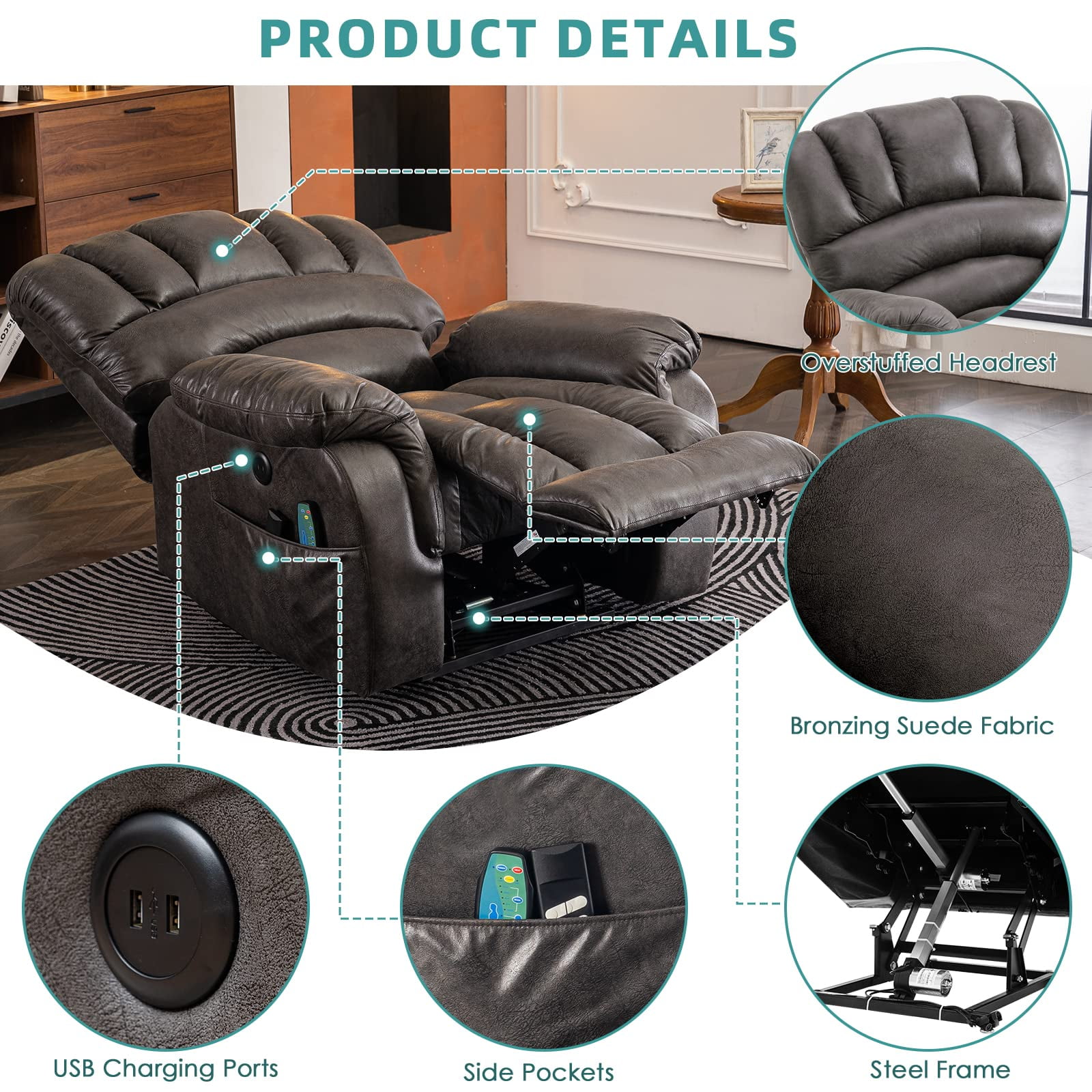 MEETWARM Large Dual OKIN Motor Power Lift Recliner Chair for Elderly Big Man, Lay Flat Sleeper Electric Recliner with Massage and Heat, Infinite Position/2 Remote Controls/USB Port/Side Pockets(Gray)