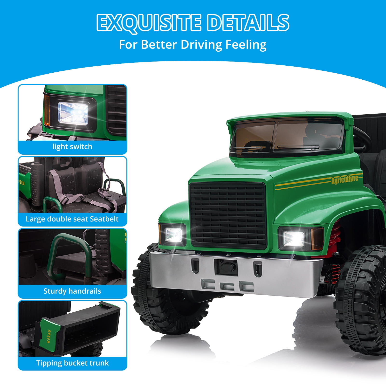Yesfashion 12V Ride on Car 7AH *2 Farm Ride on Truck UTV Vehicles with 4x200W Motors ATV,Spring Suspension,3 Speeds,2 Seater Ride on Toys Green