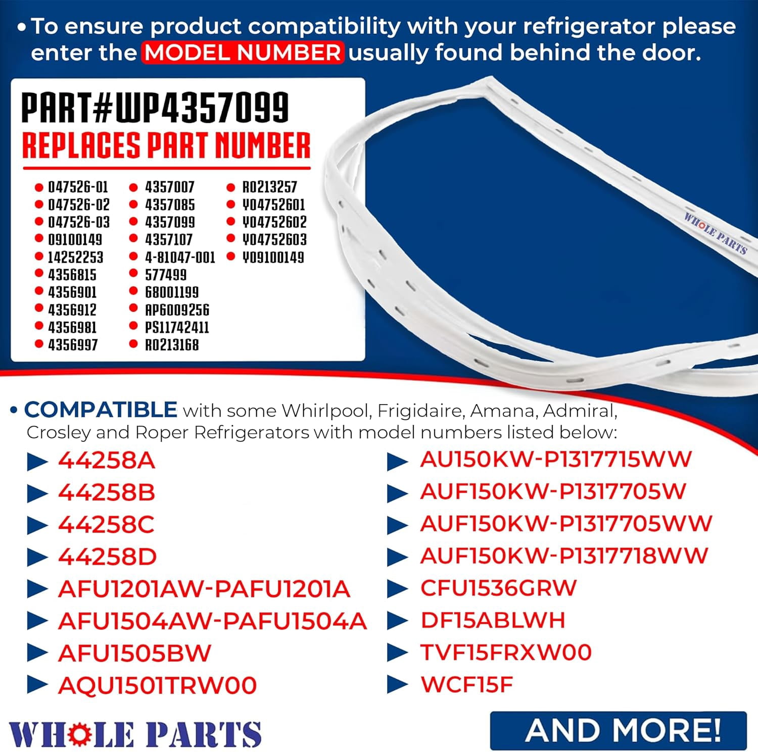 Whole Parts Upright Freezer Door Seal (Magnetic Strip Inside, White), Part# WP4357099 - Replacement & Compatible with Some Whirlpool, Frigidaire, Amana, Admiral, Crosley and Roper Refrigerators.