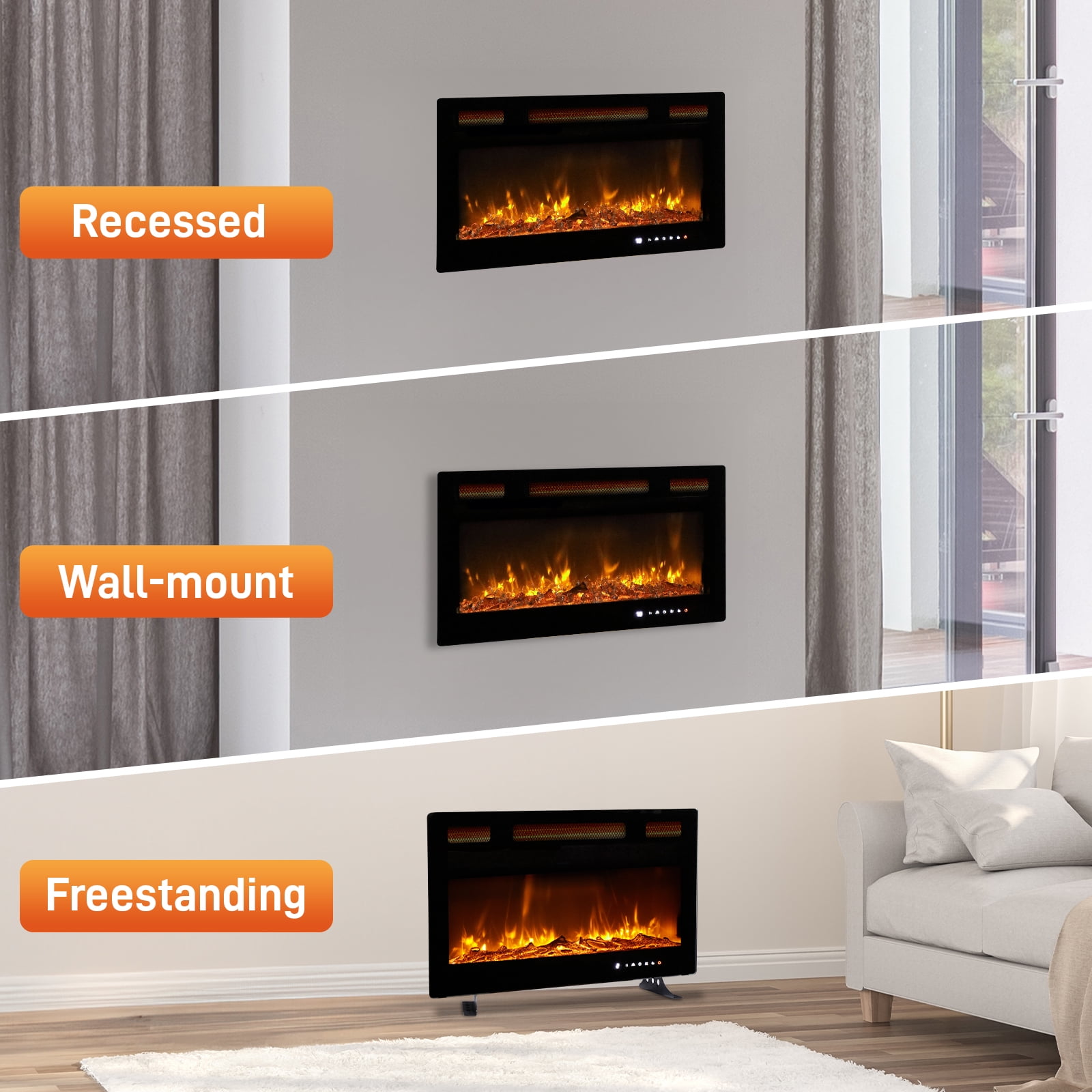 Electactic 36 inches Electric Fireplace Recessed and Wall Mounted Electric Fireplace, Fireplace Heater and Linear Fireplace, with Timer, Remote Contro : Electactic 36 Inch Electric Fireplace Insert Ultra