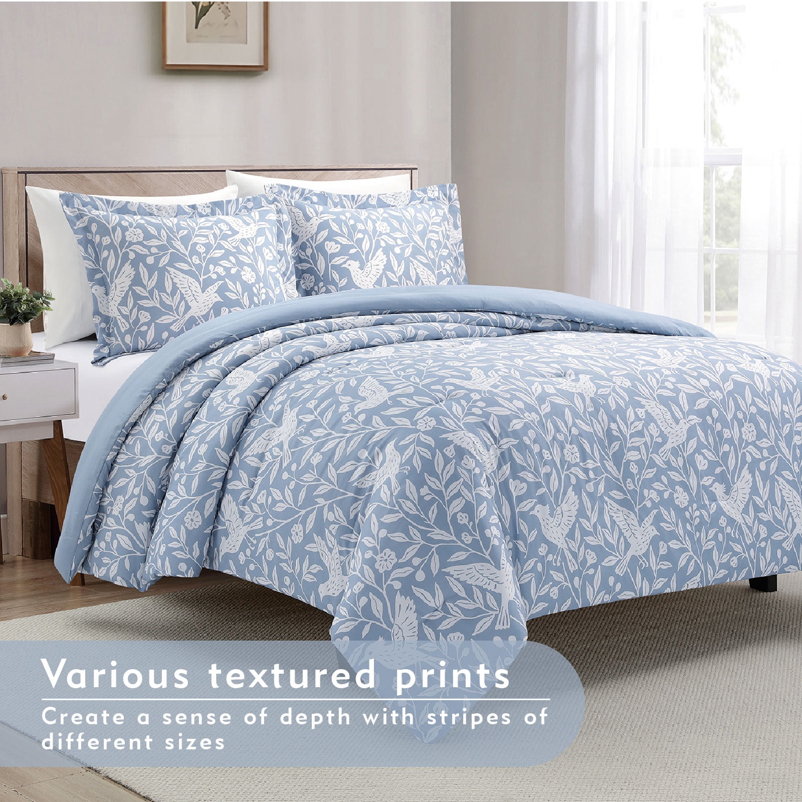 Notticasa 3-Piece Printed Comforter Sets,Blue,California King,Features a Floral and Peacebird Design, Including a Quilt Cover and Pillowcases