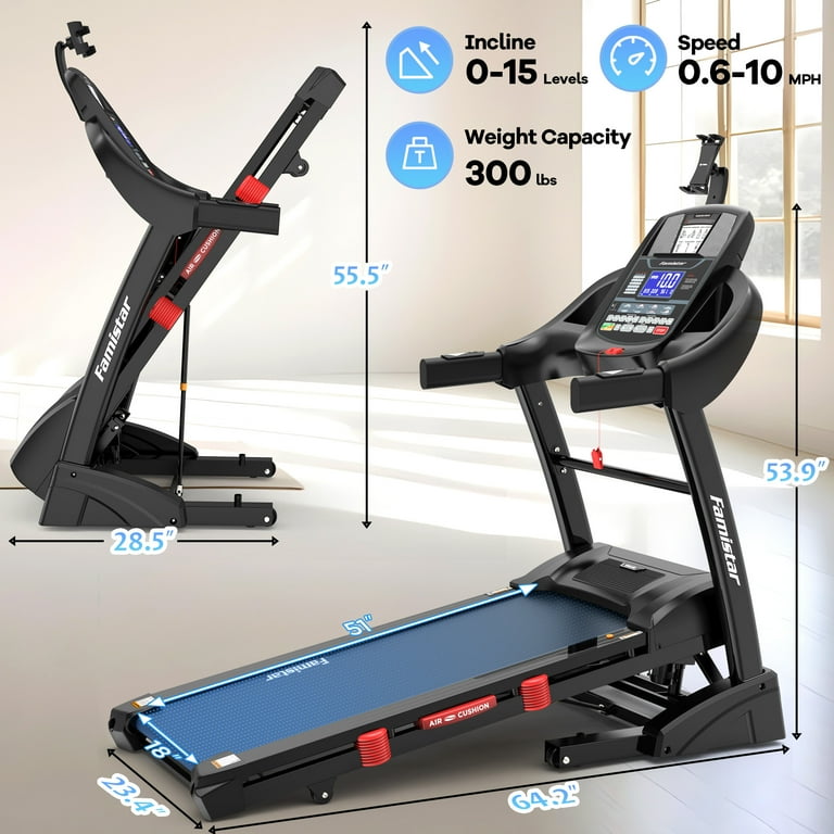 Famistar 4.5HP Treadmill APP Control 300 LB 15 Incline Bluetooth Speakers 10MPH Home Office Workout Walmart