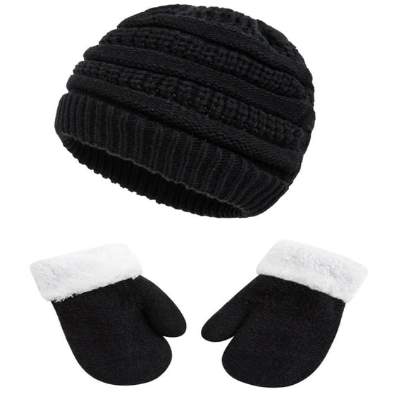 Tisoloow Winter Mittens Gloves Beanie Hat Set Kids Toddler Thick Warm Knit Fleece Lined Thermal Set for Baby Boys Girls Black 1-3 Years
