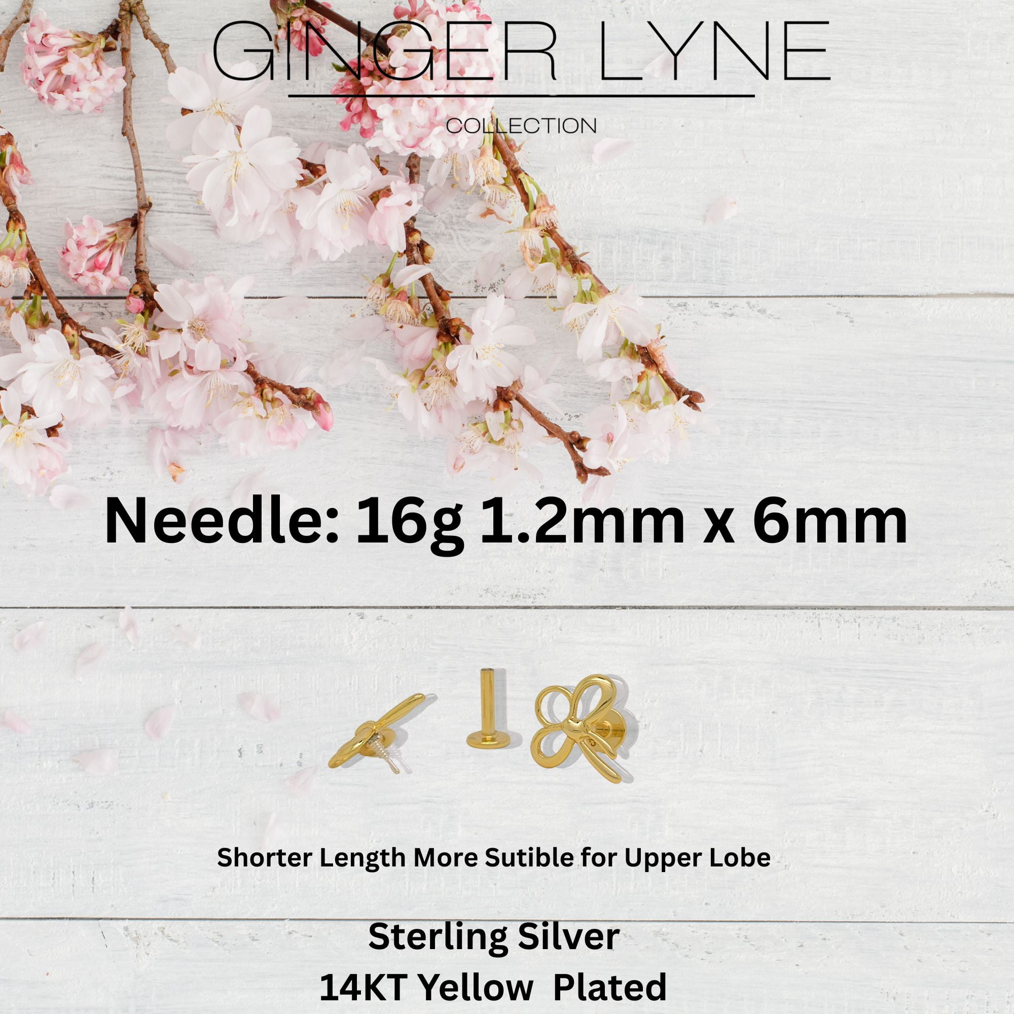 Bow Knot Flat Back Earrings for Cartilage Helix Tragus Lobe 14 kt Gold Plated Sterling Silver Pair by Ginger Lyne