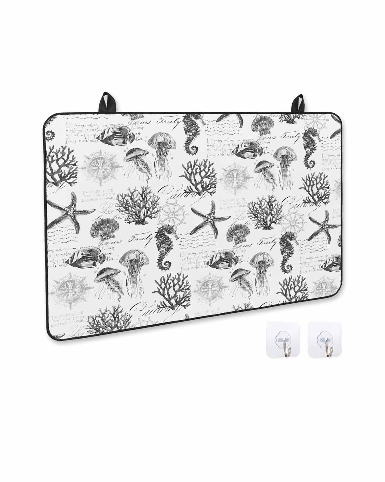 nqOlkjepod Large Induction Cooktop Protector Mat 28.5"x20.5", Gray Coastal Stove Top Covers for Electric Stove, Retro Nautical Starfish Coral Jellyfish Stove Burner Cover Mats, Glass Top Stove Cover