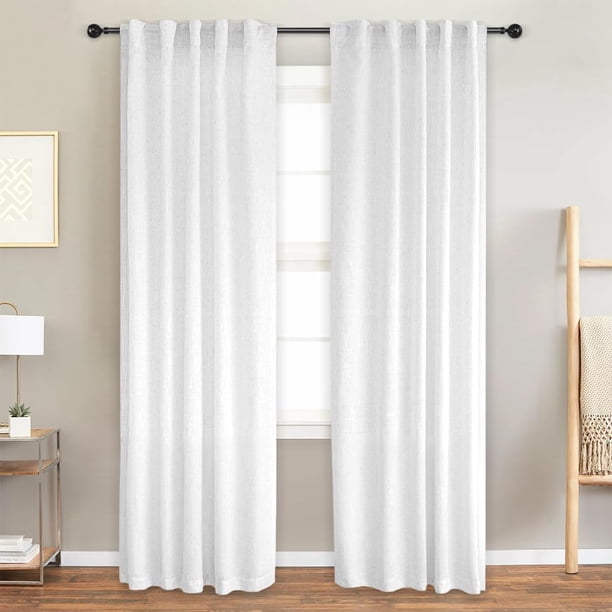 Lino Cortinas Blackout 100% Opacas, Bolsillo para Barra/Pestaña Trasera, para Recámara y Ventana de Sala, 2 Paneles (Blanco, 132 x 241)